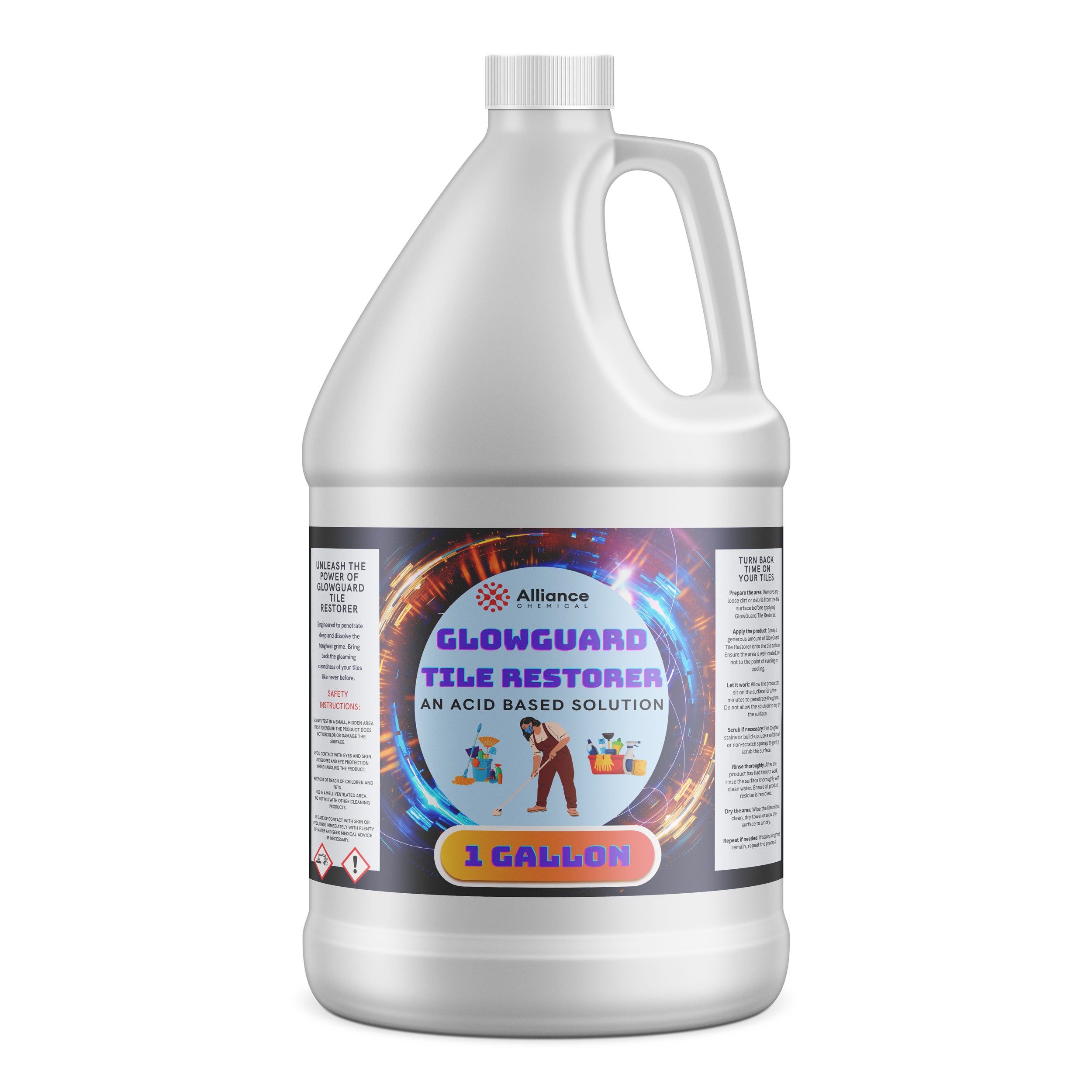 One-gallon white HDPE jug of GlowGuard Tile Restorer, acid-based cleaning solution with safety warning symbols, featuring blue-red circular label design by Alliance Chemical.